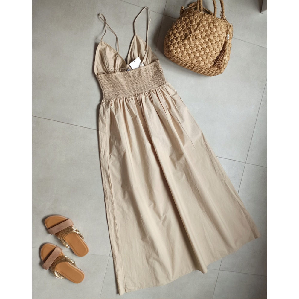 Zara NWT Beige Embroidered Cotton Maxi Dress M L - Picture 16 of 16